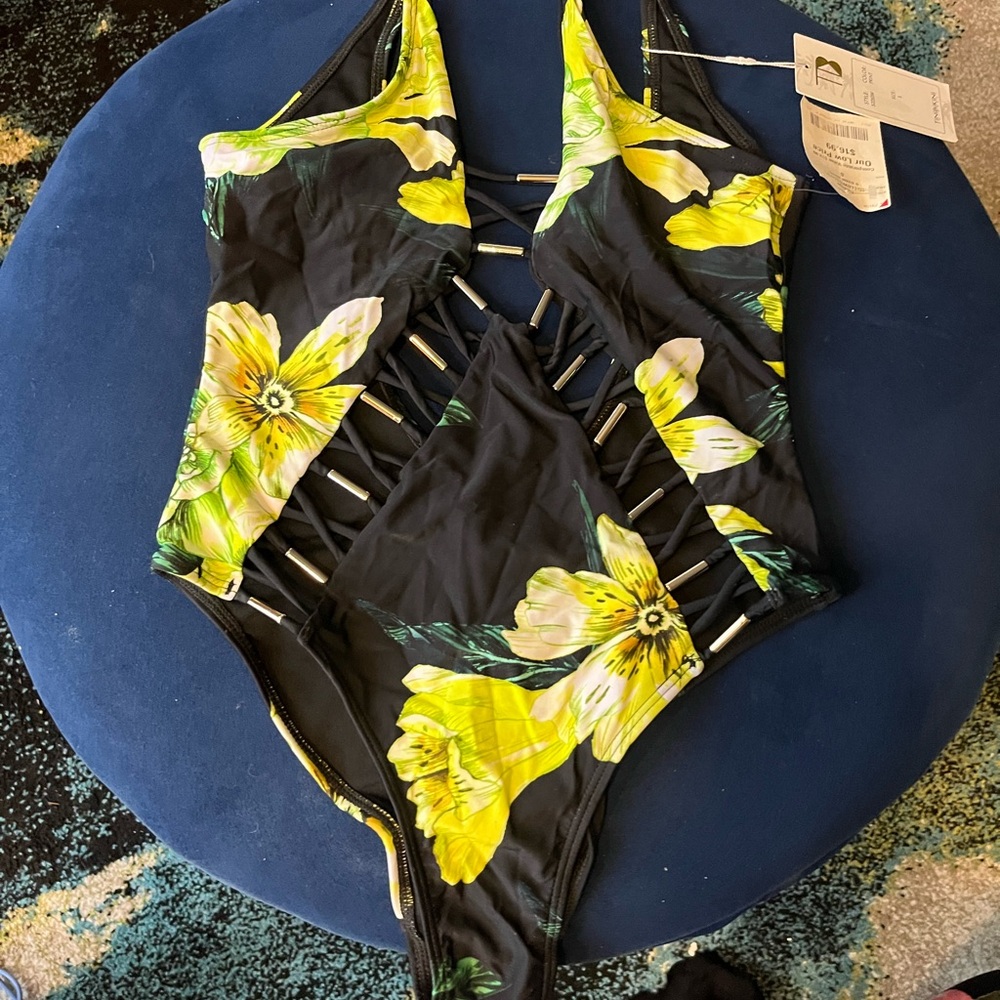 TiniBikini Black and Yellow Floral Cut-Out One Piece